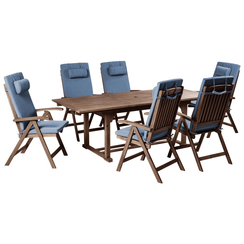 Set da giardino con 6 sedie in legno di acacia marrone scuro con cuscini blu in stile rustico con cuscini
