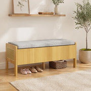 Panca contenitore con seduta, laterali in rattan, 2 cassetti, colore naturale e grigio, 113 ¡Á 45,5 ¡Á 40 cm