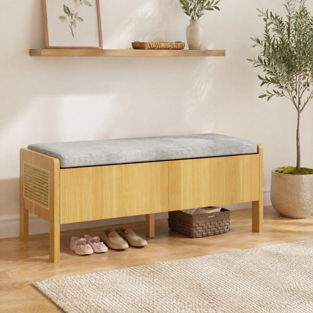 Panca contenitore con seduta, laterali in rattan, 2 cassetti, colore naturale e grigio, 113 ¡Á 45,5 ¡Á 40 cm