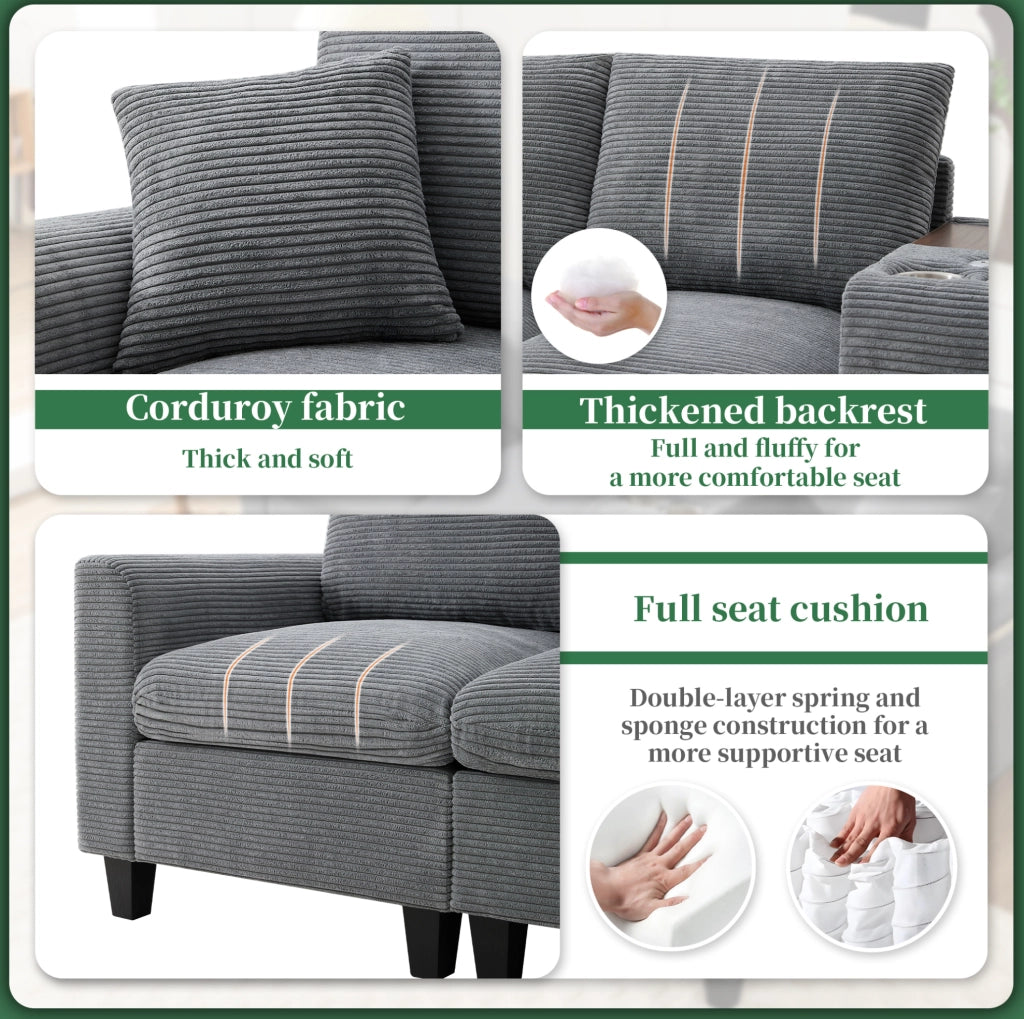 Divano angolare modulare 4 posti in velluto a coste grigio con pouf; console; USB e portabicchieri