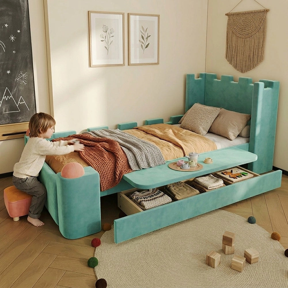 Letto imbottito singolo con cassetto ¨C Minimal ¨C blu velluto 90x200 cm