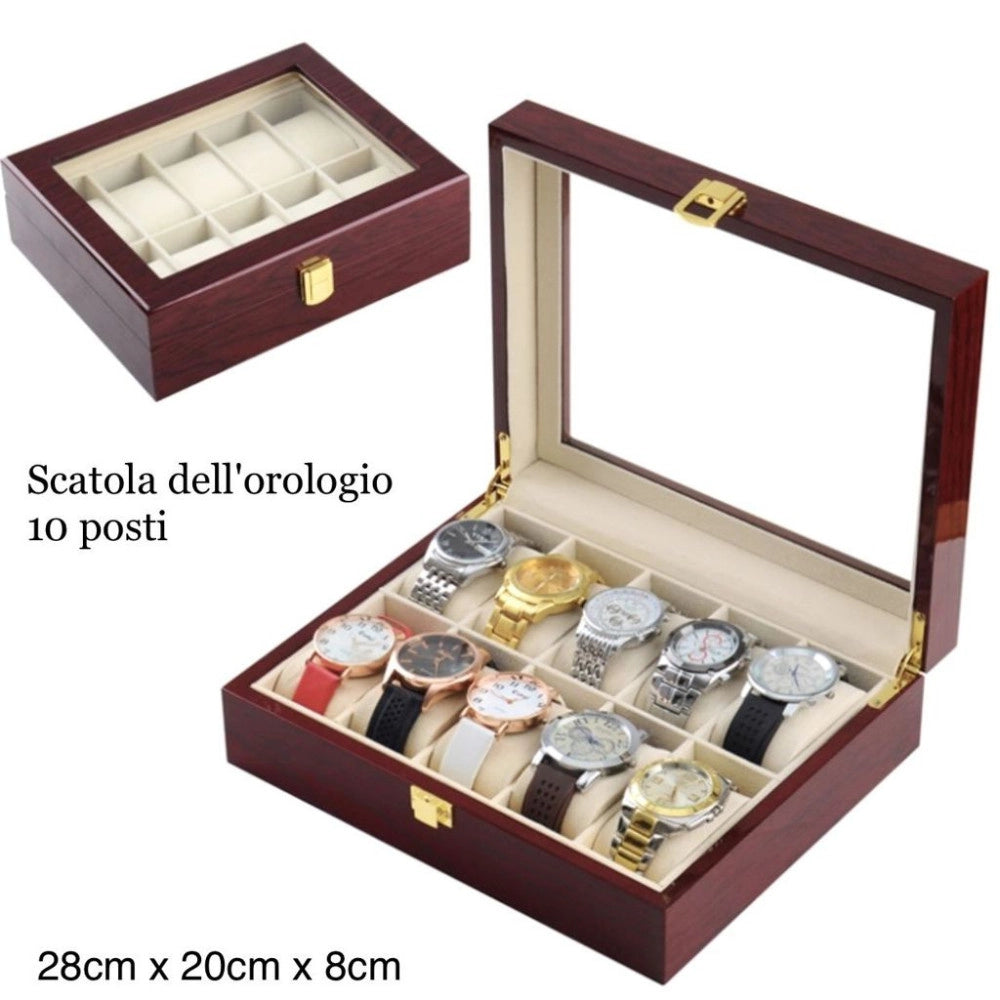 Trade Shop - Scatola Porta Orologi 10 Posti In Legno Con Vetro Custodia Elegante Effetto Lusso -