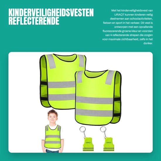 Vest di Sicurezza per Bambini Fluorescente Verde - Protezione 360° - Visibilità Elevata - Riflettente - Adatto per Scuola/Sport