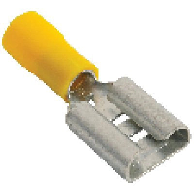 TERMINALE PIATTO FEMMINA A STRINGERE - GIALLO X CAVO MMQ 4,0/6,0 MM 6,3 CF=PZ 10- 12 confezioni