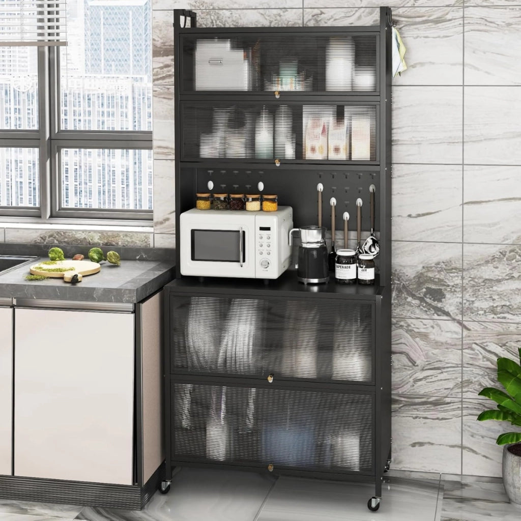 Armadio cucina 6 livelli buffet credenza, Porte ribalta supporto microonde pannello forato ganci Nero