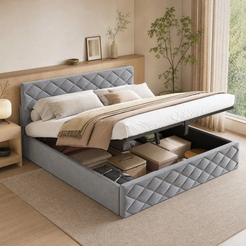 Letto imbottito 140x200 cm con rete a doghe, sollevamento idraulico e vano contenitore, grigio