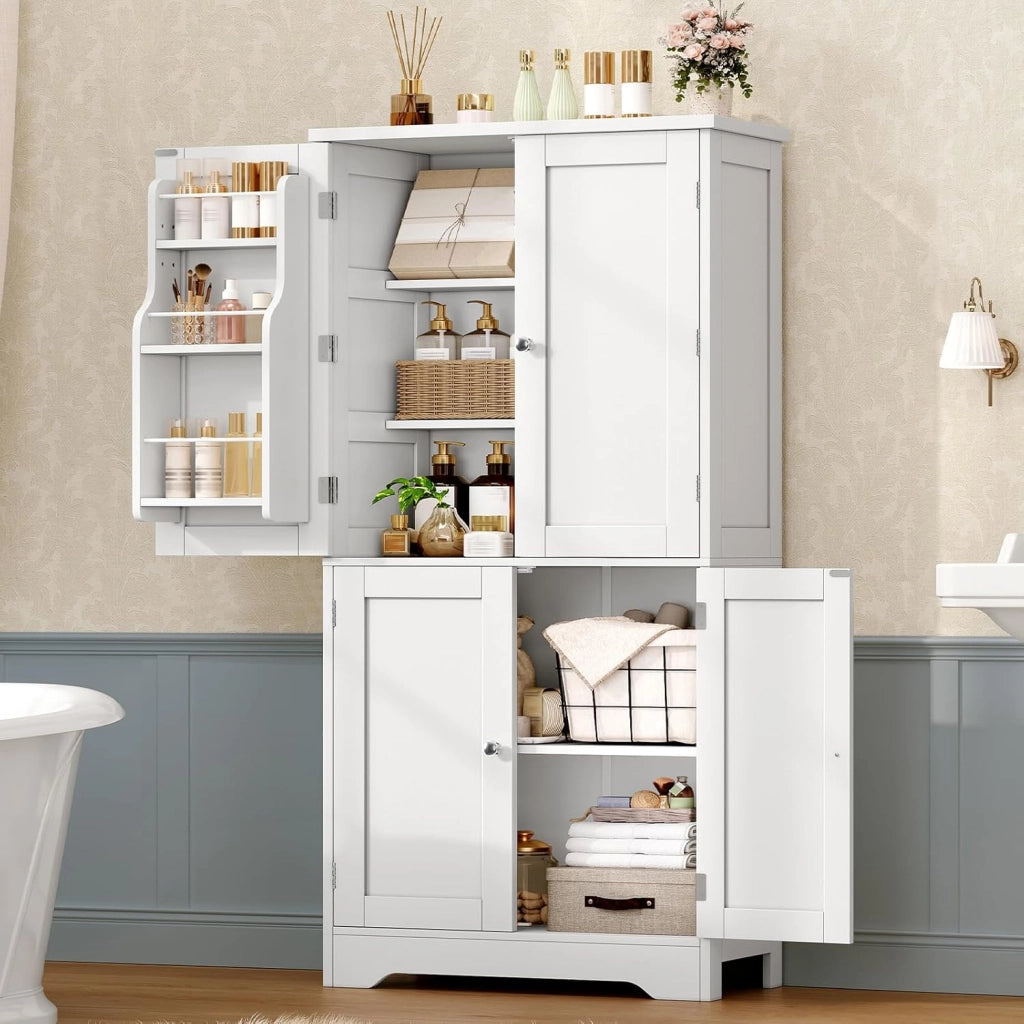 Mobile Dispensa Cucina larghezza 60 cm, Armadio 4 Ante altezza 130 cm con Ripiani Regolabili e Portaspezie Integrata, Credenza Alta per Cucina, Soggiorno, Bianco