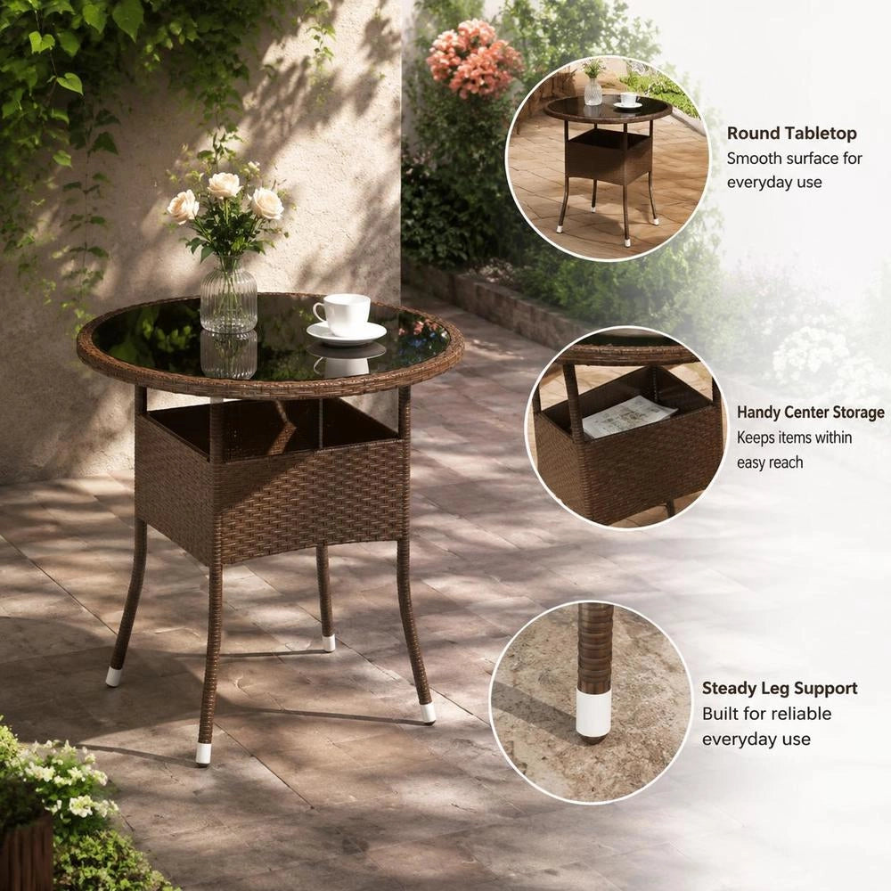 Garden Table 80x75 Cm Tempered Glass And Poly Rattan Brown