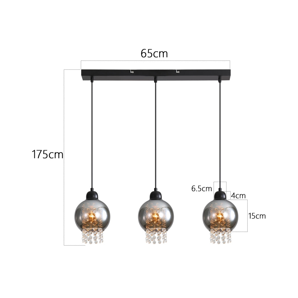 Lampada a sospensione ZMH per sala da pranzo 3 fiamme E27 cristallo Ruachgrau Lampada a sospensione per camera da letto