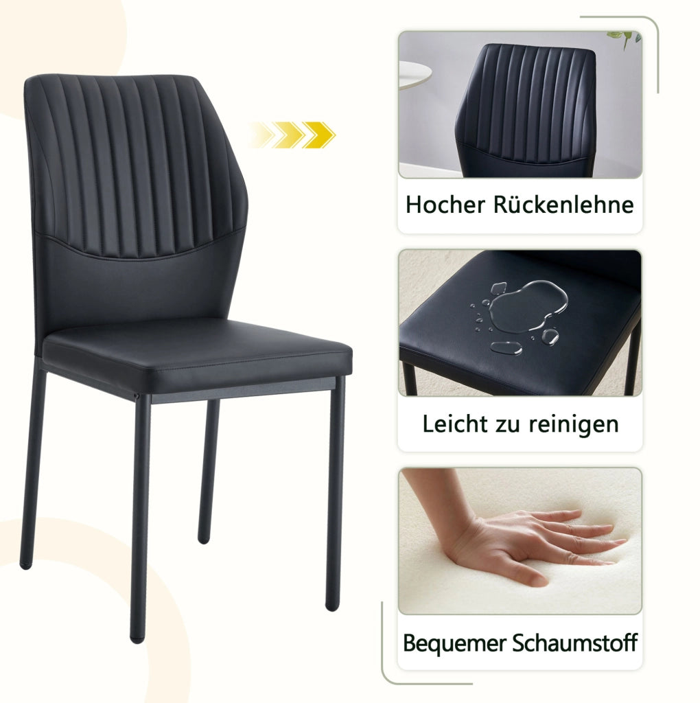 Set di 4 sedie da pranzo nere in PU con schienale a coste e gambe in metallo; h 93 cm