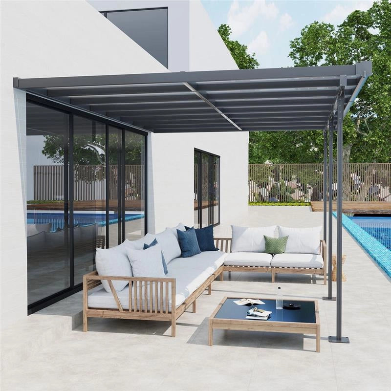 PERGOLA ADDOSSATA DA GIARDINO IN POLICARBONATO E ALLUMINIO, INSTALLAZIONE REGOLABILE, GRIGIO