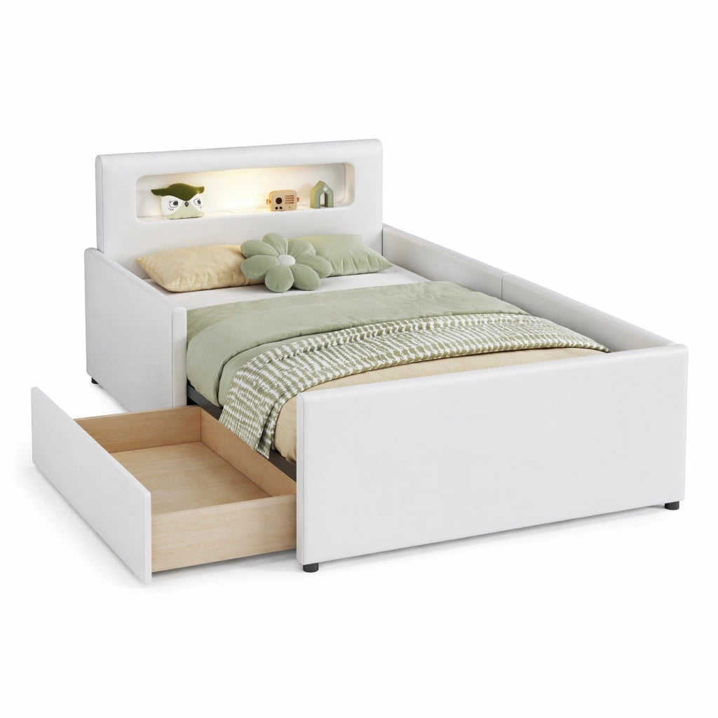 Letto singolo per bambini 90x200 cm con cassetti; luce LED e USB in ecopelle bianca