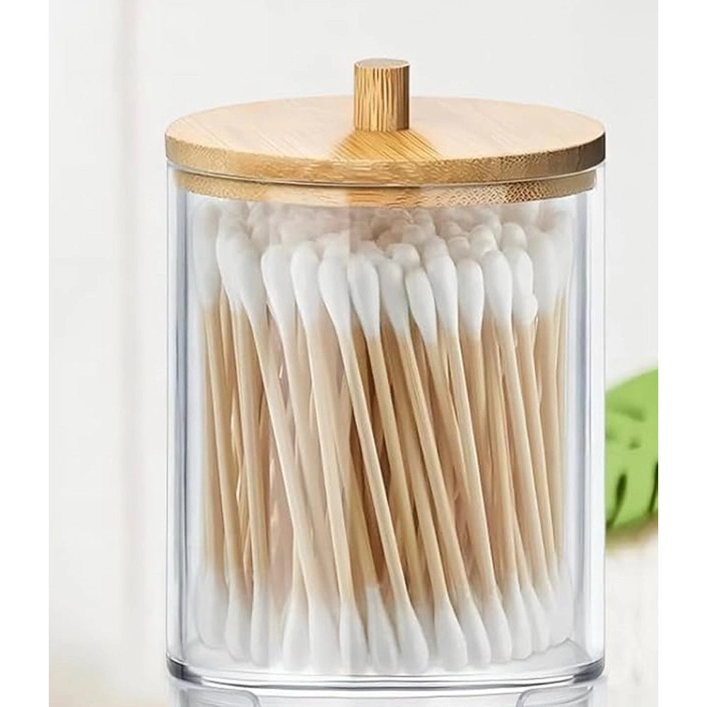 Trade Shop - Contenitore Porta Cotton Fioc Organizer Trasparente Con Coperchio In Legno 7.1x10.3cm 10821 -