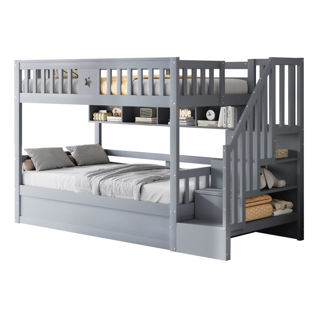 Letto a castello 90 x 200 cm grigio con vano idraulico, scala contenitore e ripiani