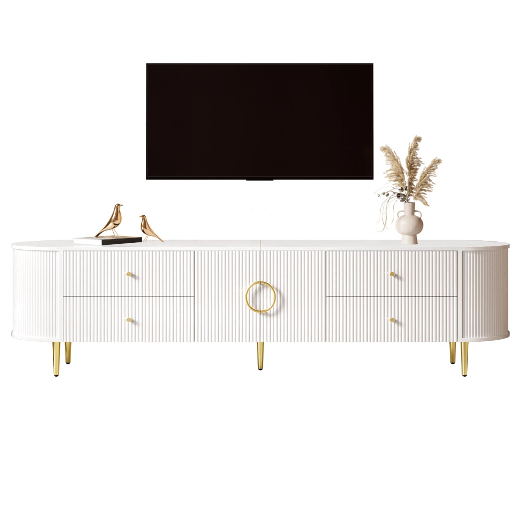 Mobile TV con ante a onde tridimensionali e cassetti; 180x40x38 cm; MDF bianco