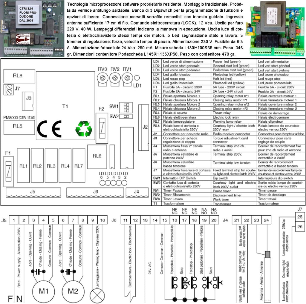 CTR17 PM8000 CENTRALE CANCELLO BATTENTE 220 V RADIORICEVENTE 1 RADIOCOMANDO REGOLAZIONI A TRIMMER SELEZIONE FUNZIONE