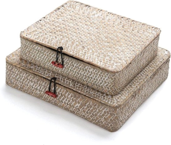 Set di contenitori di vimini rettangolari con coperchio - naturale - set da 2 - grande e piccolo