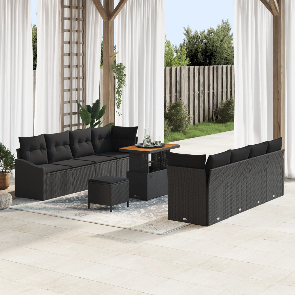 Set Divano Giardino 11 Pezzi Cuscini Nero Polyrattan Acacia