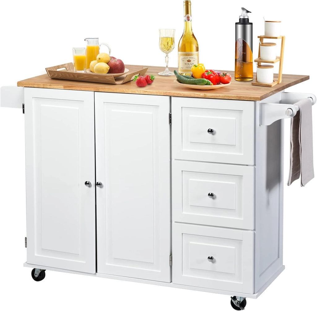 Carrello da Cucina, Credenza Mobile Salvaspazio, Ruote con 2 Freni, Piano Pieghevole, 2 Ripiani Regolabili, 3 Cassetti, 2 Ante, Portaspezie e Portasciugamano, 111x76x91 cm, Nero