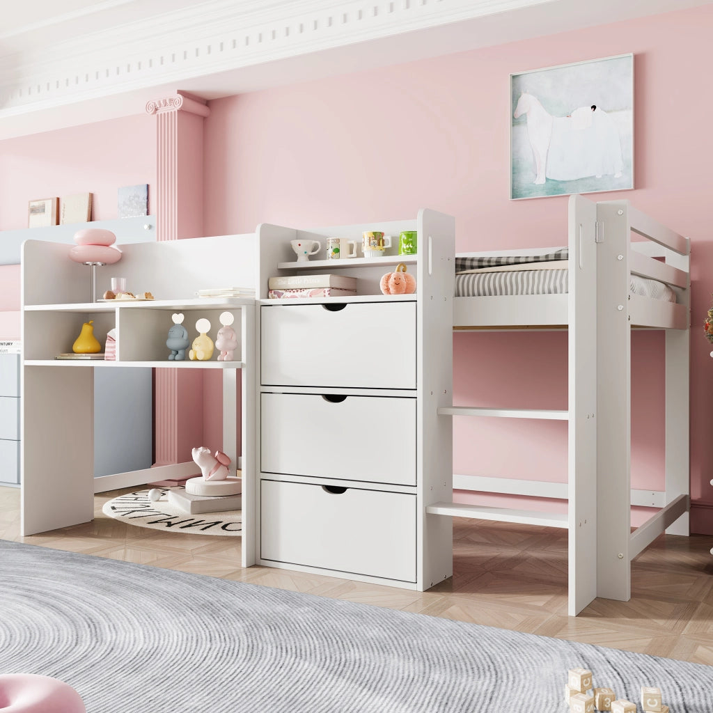 Letto a soppalco singolo 90×200 cm con cassetti; ripiani; scala e sponde; senza materasso; bianco