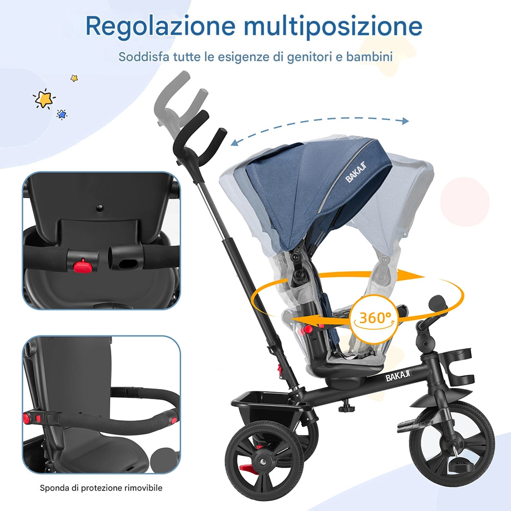 Triciclo per Bambini 5in1 Cappottina Pedali e Manico Antiscivolo Ergonomico Blu