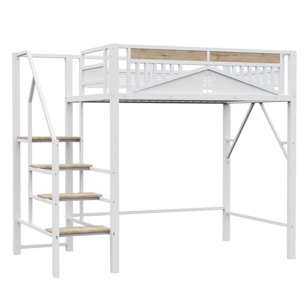 Letto a soppalco in metallo 140x200 cm con scala di sicurezza e spazio sotto il letto; bianco