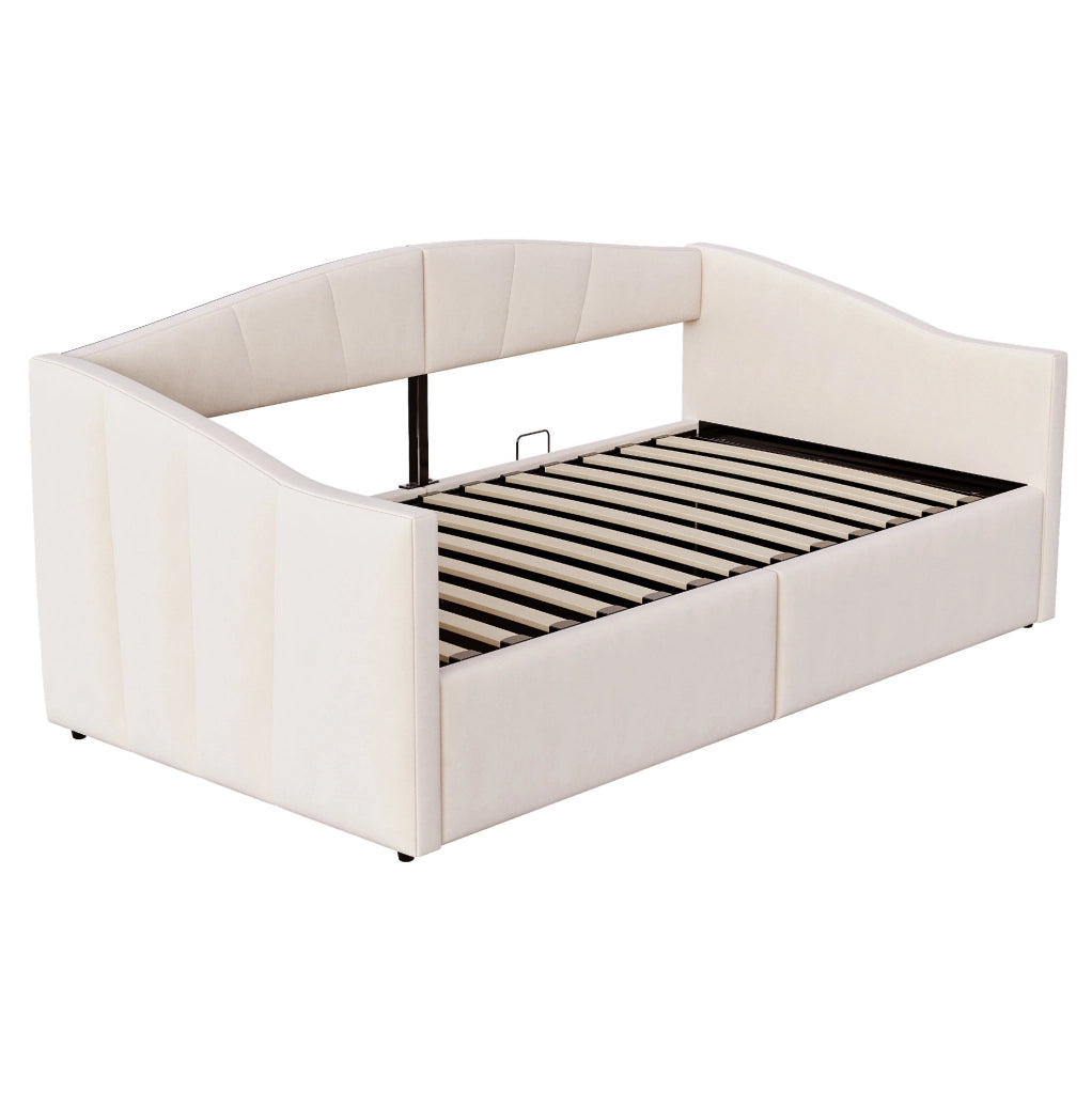 Letto imbottito 90x200 cm beige, velluto con contenitore idraulico e rete a doghe