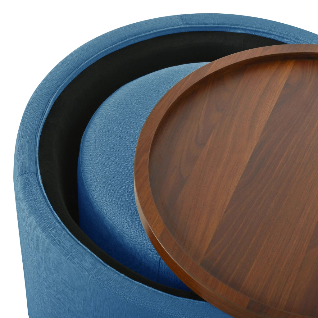 Pouf contenitore set da 2 - con vano portaoggetti e vassoio in legno - in lino blu