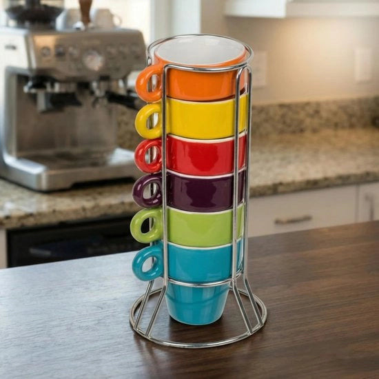 Set di tazze da caffè in ceramica - 6 pezzi - Resistenti al lavastoviglie - Stivellabili - Fissi in metallo cromato - 60 ml - Tazze da caffè