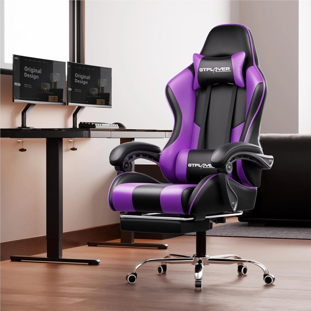Sedia da gioco con massaggio ergonomico | Poggiapiedi e poggiatesta retrattili | Supporto 150 kg | Ufficio e Casa | Colore Viola