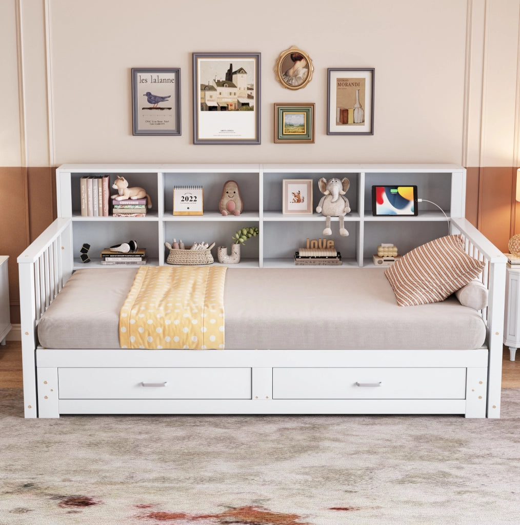 Divano letto estraibile in legno con contenitore, 2 cassetti e presa integrata