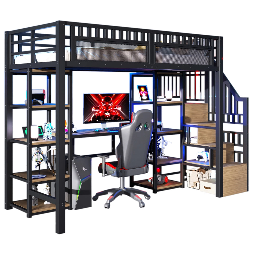 Letto a castello nero 90x200 cm ferro mdf con scrivania scala con contenitore luce led usb