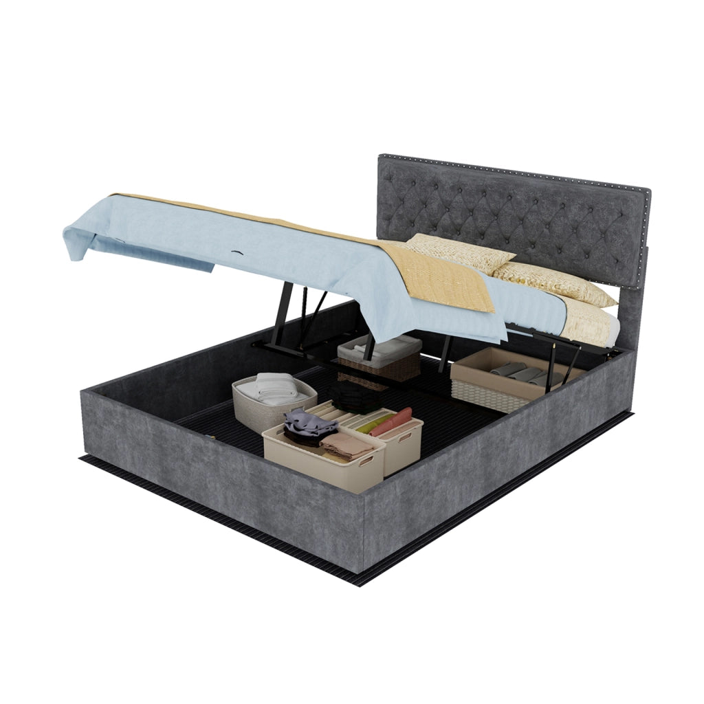 Letto imbottito moderno con testiera e vano a pistone, 140x200 cm, grigio