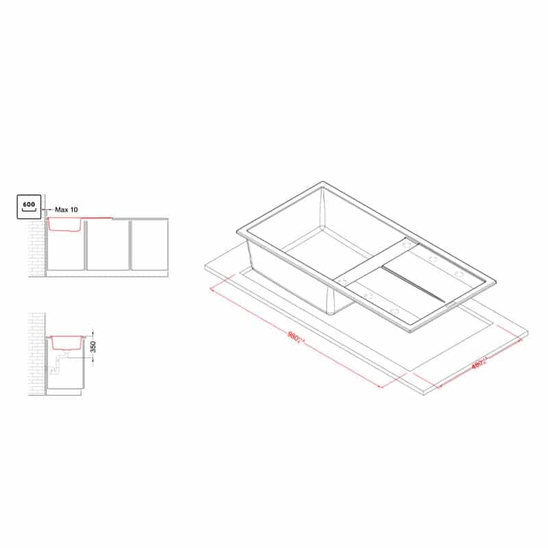 Lavello Elleci Incasso 1 vasca 100x50 Unico 480 Keratek Plus Nero Black Assoluto LKU48086