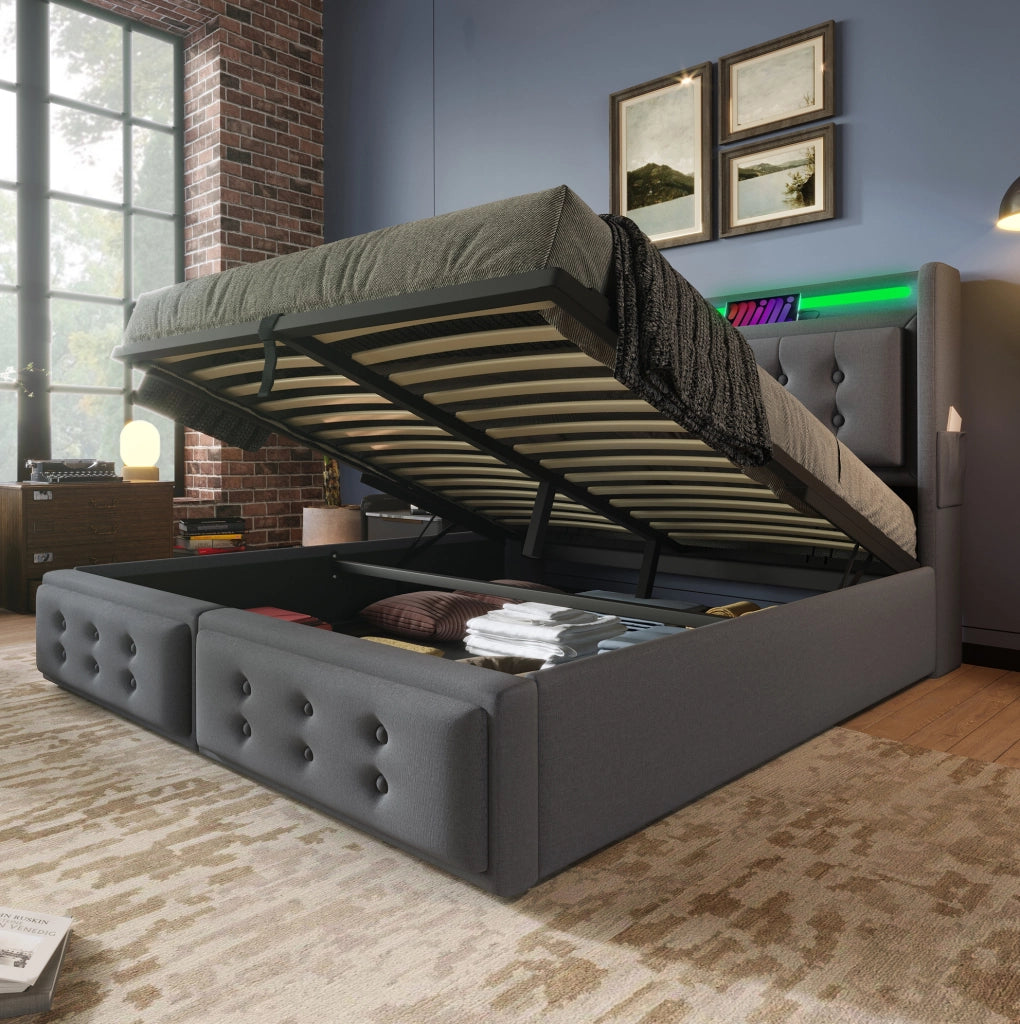 Letto matrimoniale 160x200 cm con contenitore; testiera con prese e USB; LED; grigio