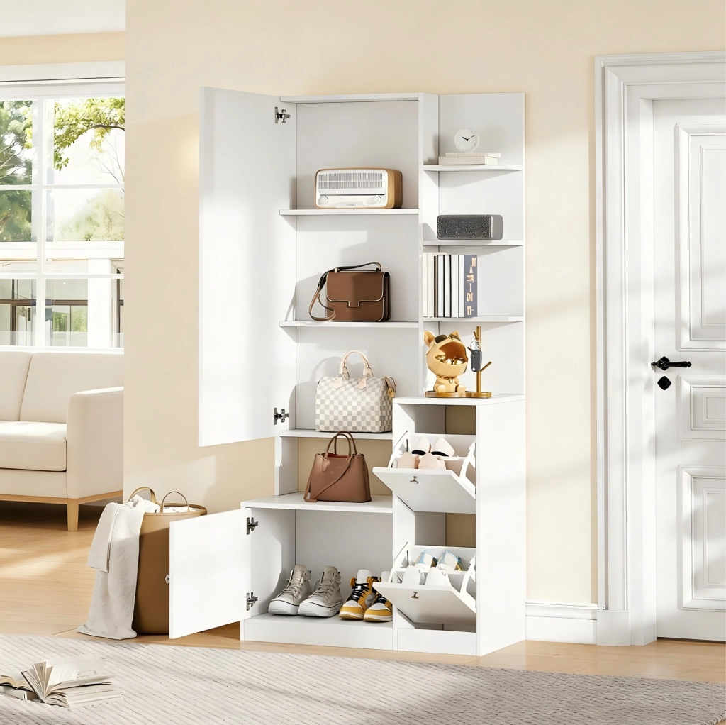 Mobile ingresso alto 85x40x180 cm in truciolare bianco con specchio; 2 ante e 5 ripiani