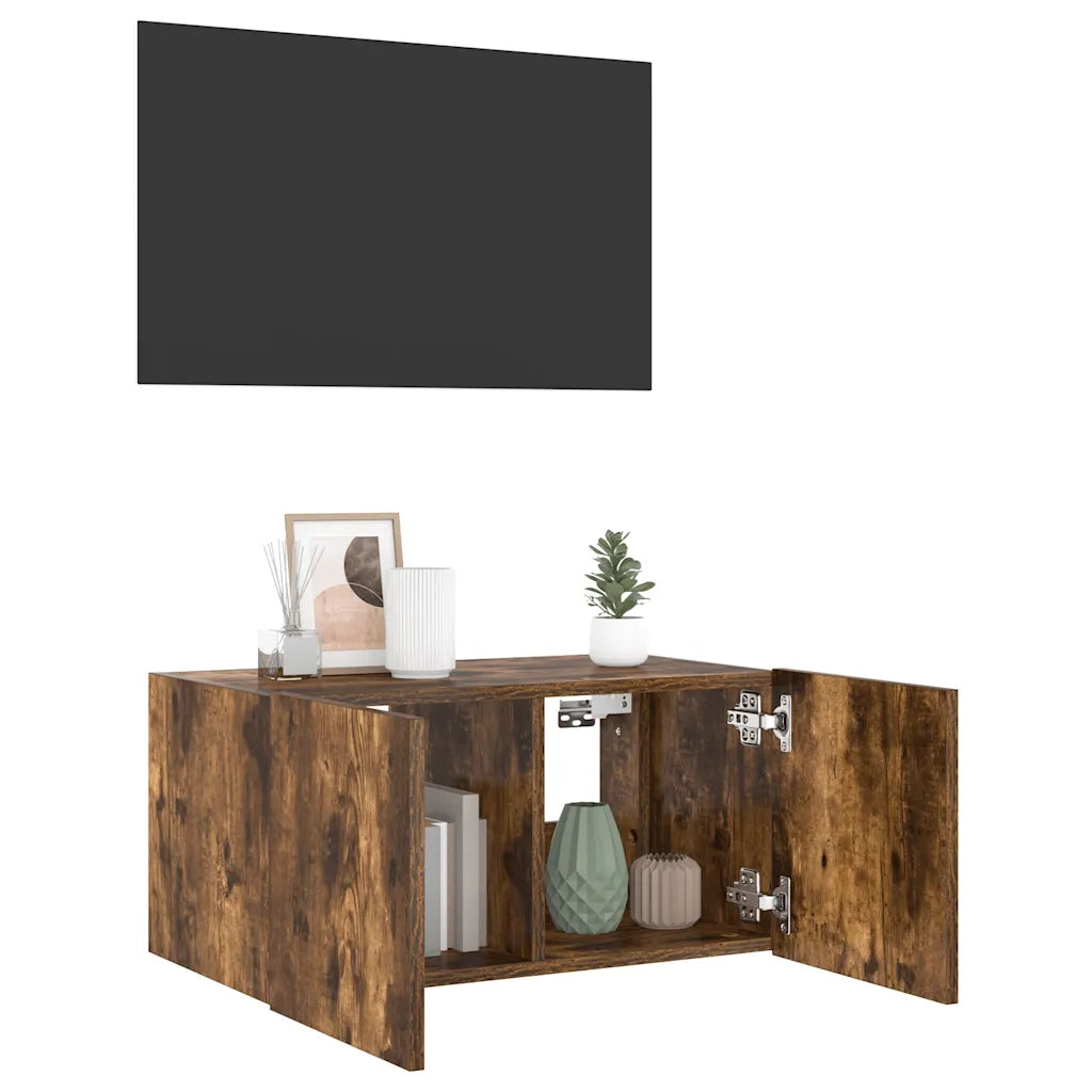Mobile TV a Parete | Armadietto TV | Mobile Porta TV con Luci LED Rovere Fumo 60x35x31 cm