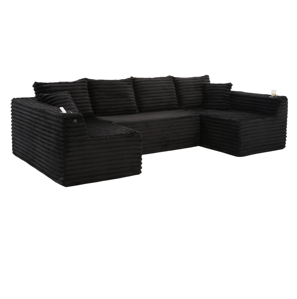 Divano modulare a U in tessuto corduroy nero 320 x 155 x 88 cm con portabicchieri