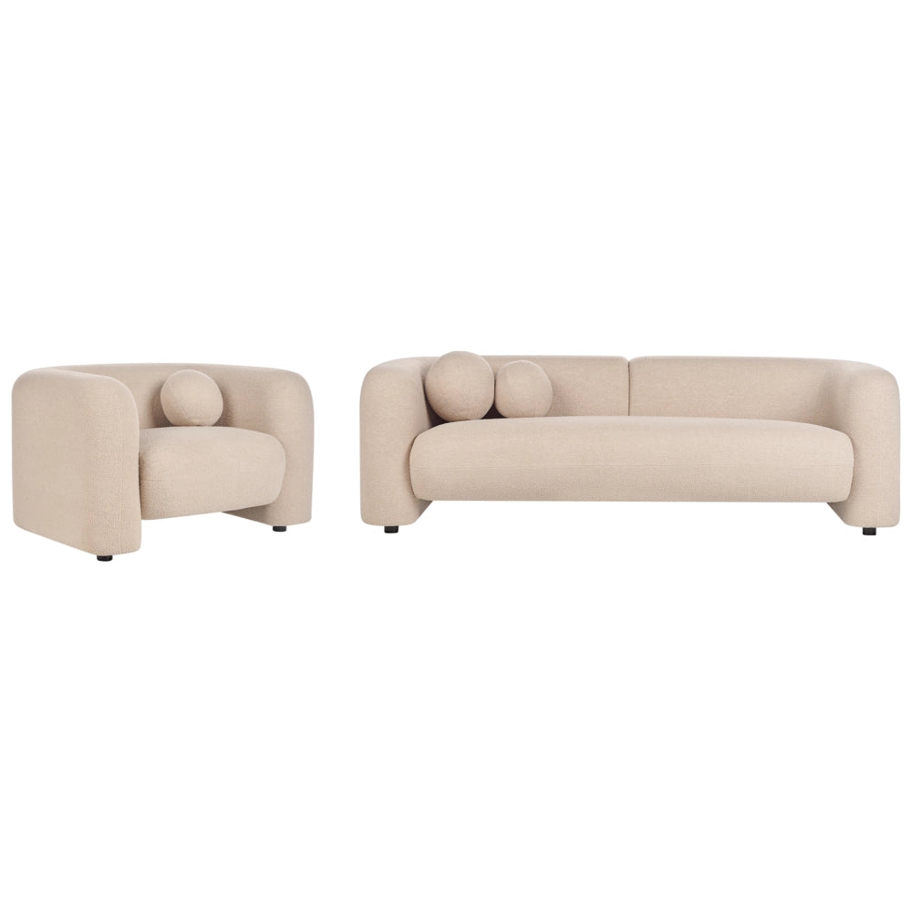 Set da salotto composto da divano e poltrona in bouclè beige 4 posti con cuscini aggiuntivi stile glamour retrò soggiorno