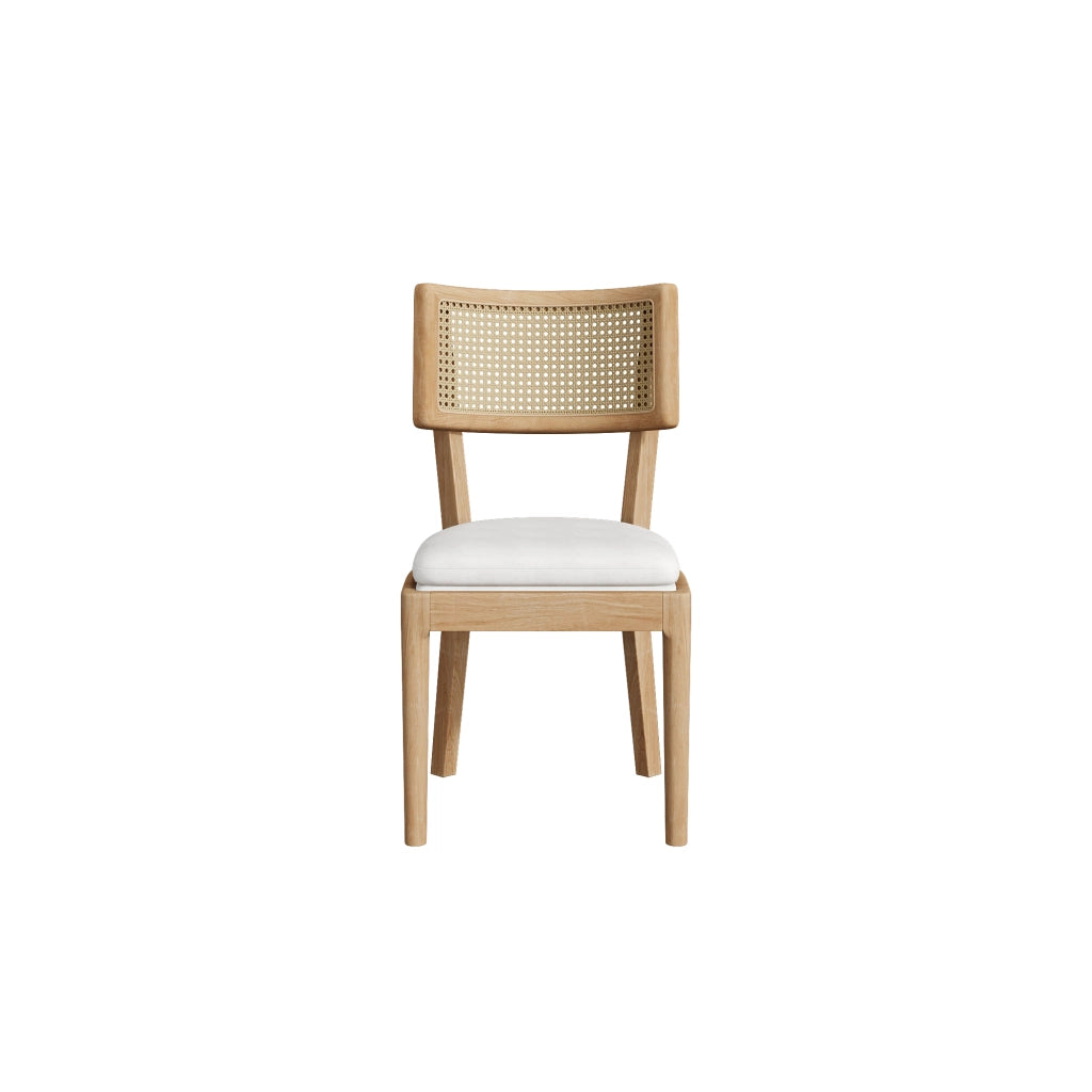 Set di 4 sedie da pranzo in legno massiccio con schienale in rattan e cuscino in lino, colore legno