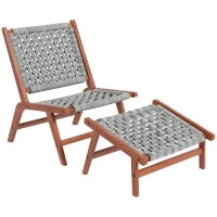 Poltrona da Giardino con Poggiapiedi, Sedia Relax in Legno di Acacia e Corda Rattan Sintetico, Naturale e Grigio