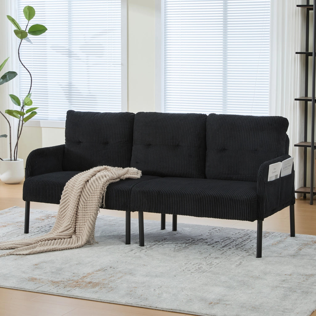 Divano lineare 3 posti con tasca laterale in velluto a coste Nero 171 × 72 × 80 cm