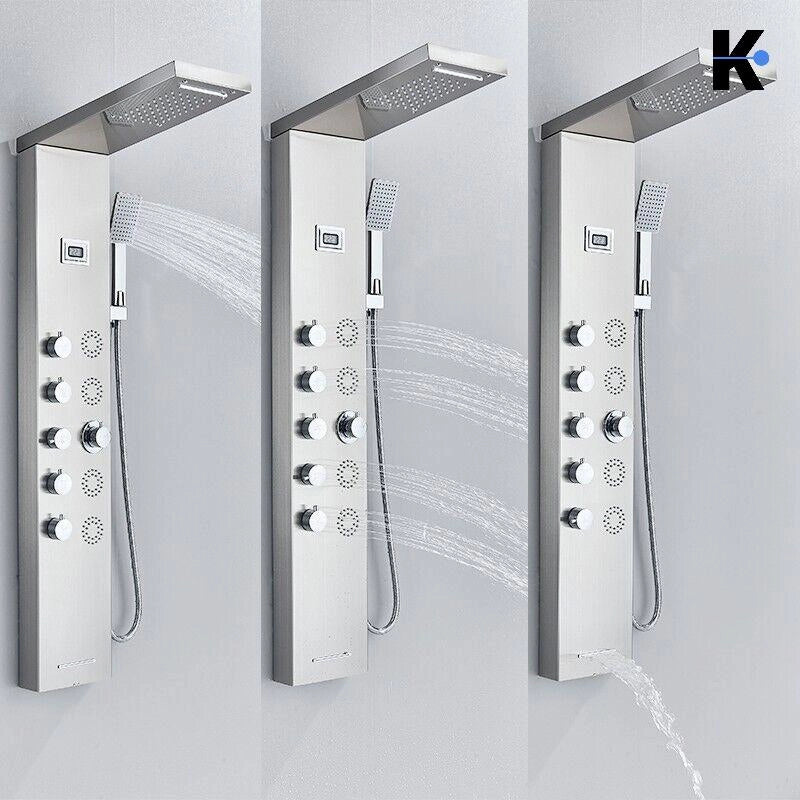 BERND | Pannello doccia premium a pioggia in acciaio inox | Sistema doccia massaggiante in argento spazzolato | Rubinetto miscelatore sistema