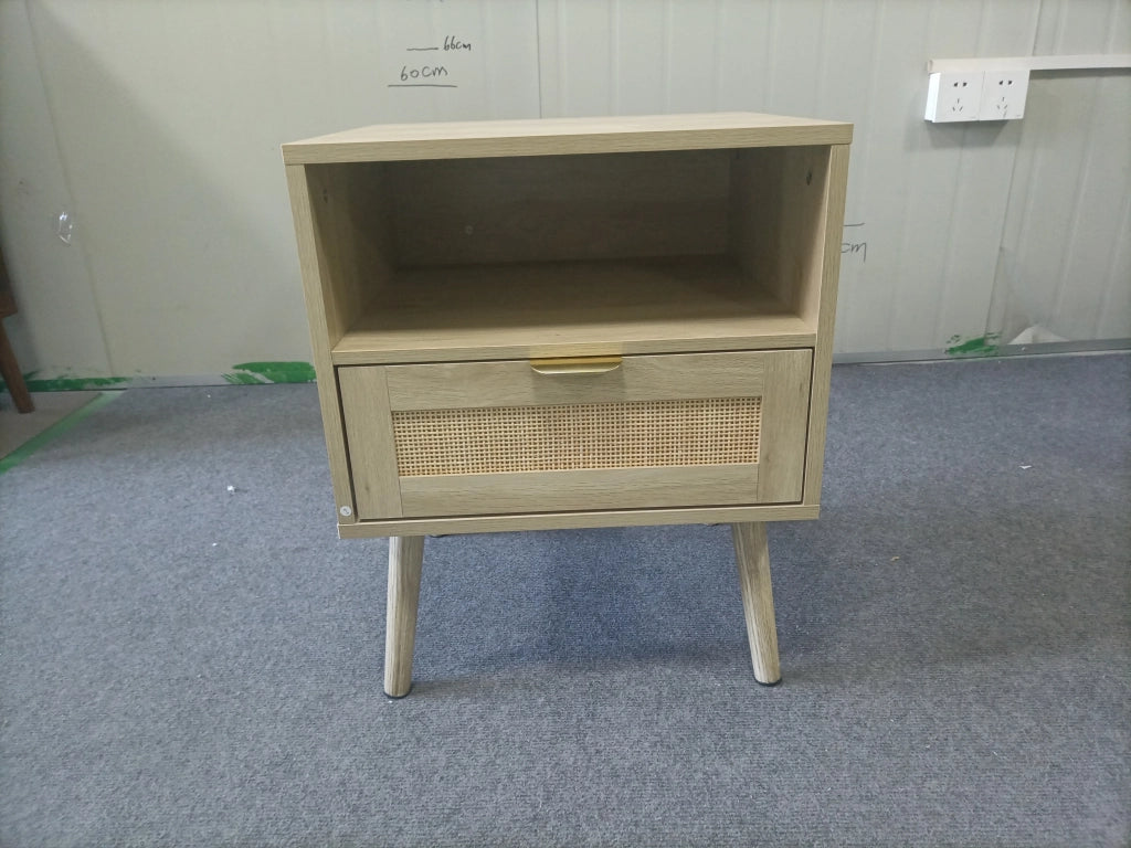 Comodino in rattan boho con cassetto e vano aperto 45x40x55 cm rovere