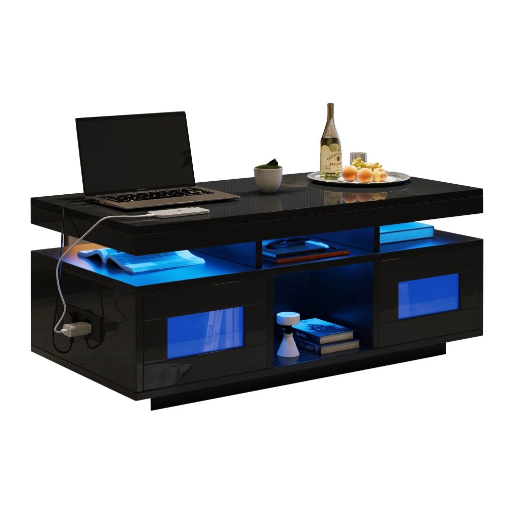 Tavolino da Caffè con 2 Ante e 2 Vani Semiaperti e LED; Presa + USB; Nero Lucido; in Pannello truciolare; 100×50×43 cm