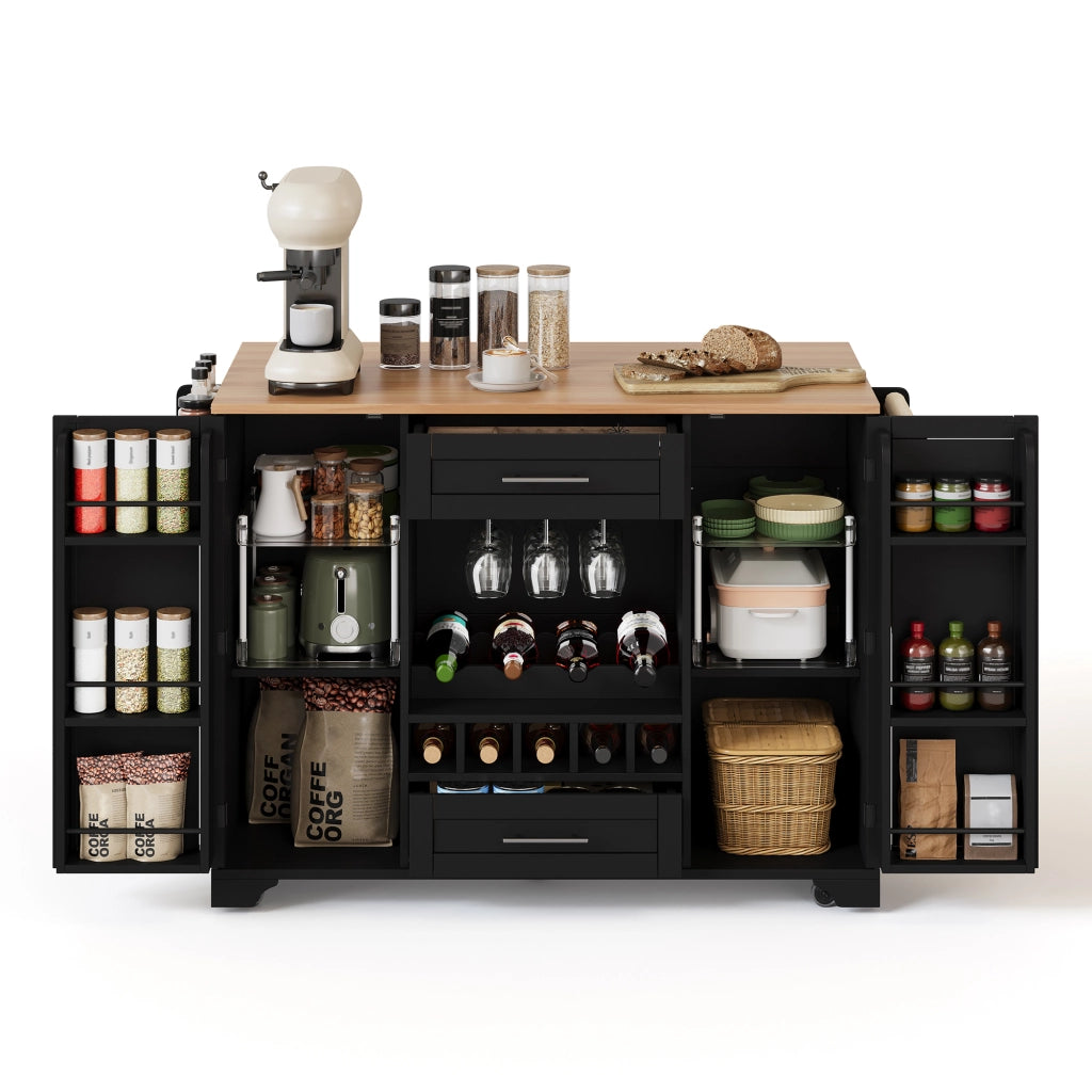 Isola da Cucina Mobile 138x45/70x92 cm Nera con Piano Ribaltabile; Portabottiglie; Portabicchieri e 5 Ruote
