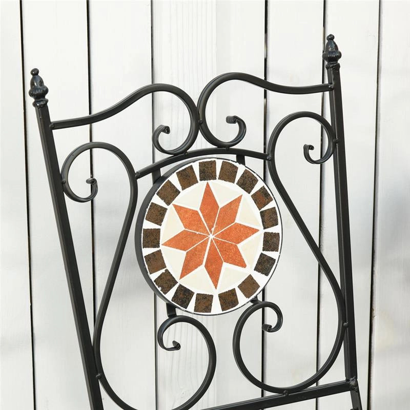 SET CON TAVOLO TONDO E 2 SEDIE PIEGHEVOL IN METALLO E CERAMICA MOSAICO