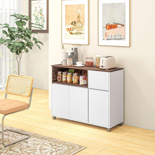 Easycomfort Credenza Moderna da Cucina in Legno con Armadietti, Cassetto e Vano Aperto, 105x39x83cm, Bianco