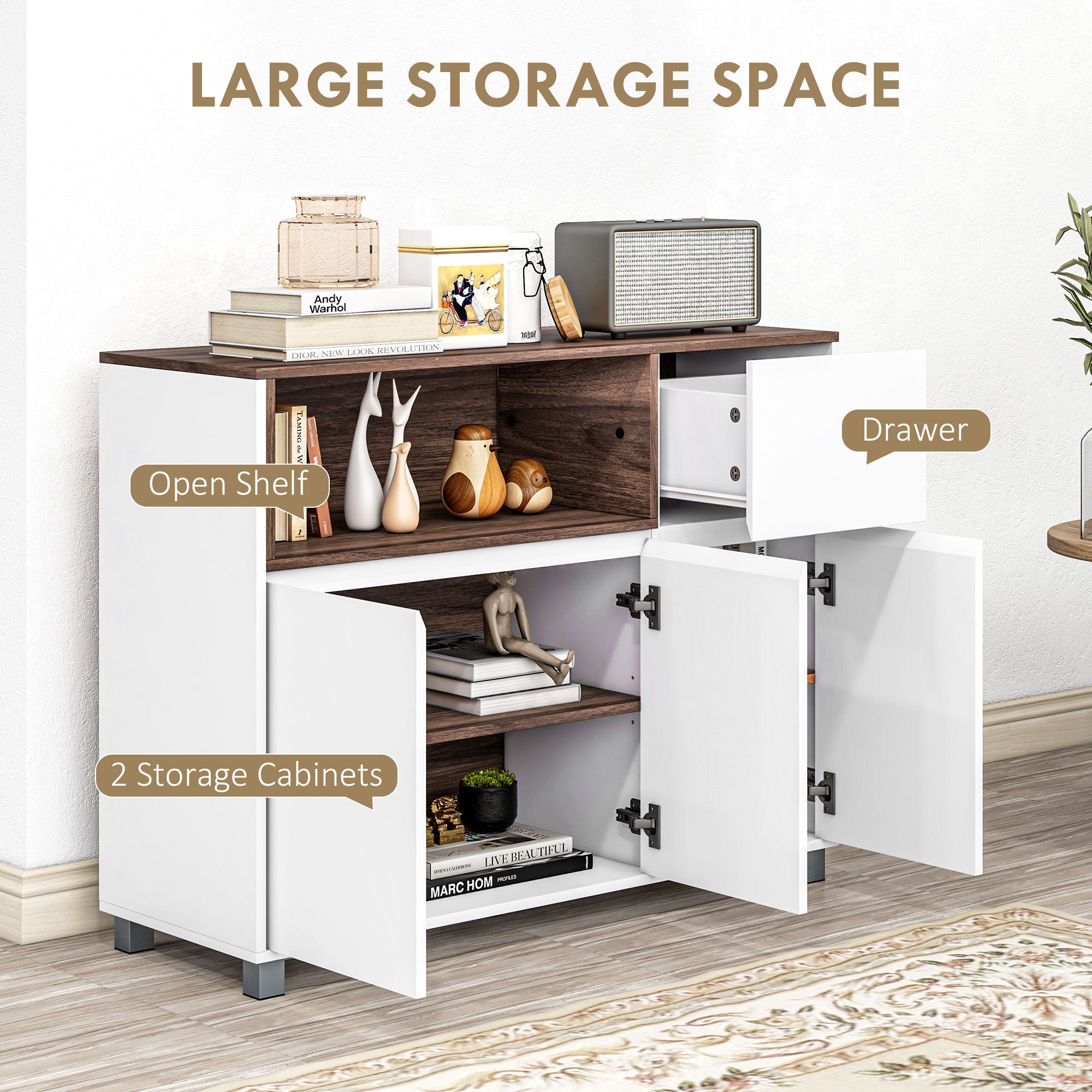 Easycomfort Credenza Moderna da Cucina in Legno con Armadietti, Cassetto e Vano Aperto, 105x39x83cm, Bianco