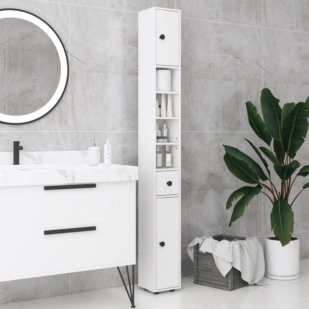 Mobile Bagno Colonna con Cassetto, Armadietti e Ripiani ¨C Minimal ¨C Legno Bianco 20x20x180 cm